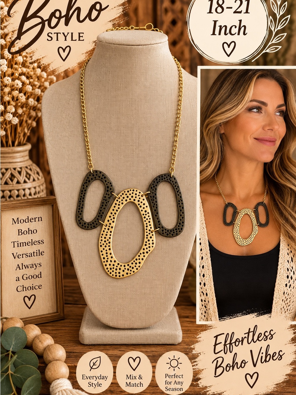 Modern Boho Gold and Black Oval Pendant Necklace - 18-21 Inch